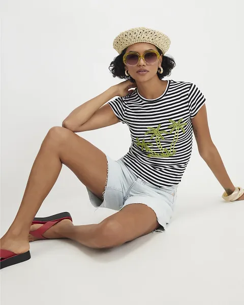 River Island Cotton Blend Striped Beaded Palm T-Shirt