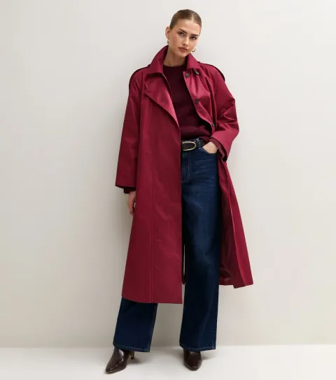 New Look Women's Dark Red Cotton Belted Trench Coat