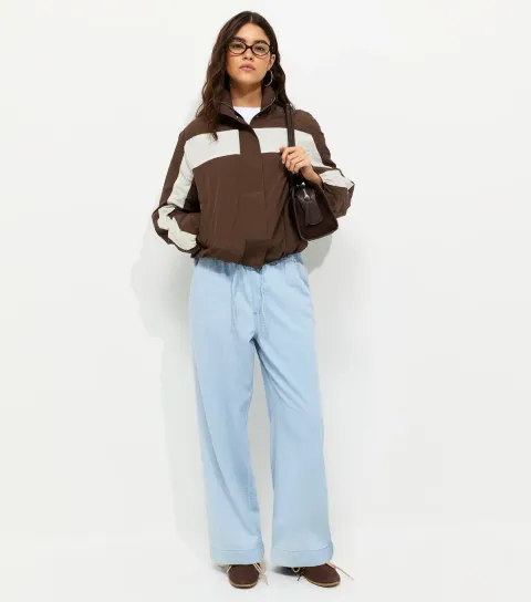 Women's Light Blue Denim Drawstring Wide Leg Trousers