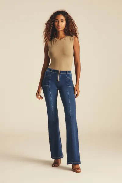 Freddy WRUP Denim with Gold Zip - Mid Rise - Flare - Dark Blue + Beige Stitching