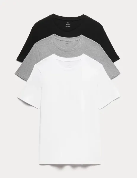 Marks & Spencer 3 Pack Pure Cotton Crew Neck T-Shirts Grey Mix
