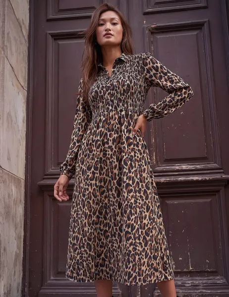 Roman Animal Print Shirred Midi Shirt Dress Tan