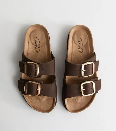 Women's Brown Cork Sole Double Strap Mule Sandals Vegan