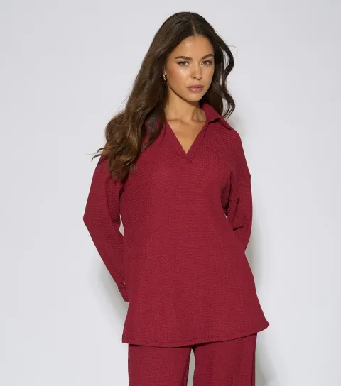 Gini London Women's Dark Red Textured V-Neck Top