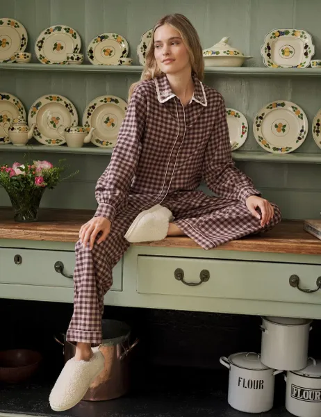 Chelsea Peers Pure Cotton Gingham Pyjama Set Brown