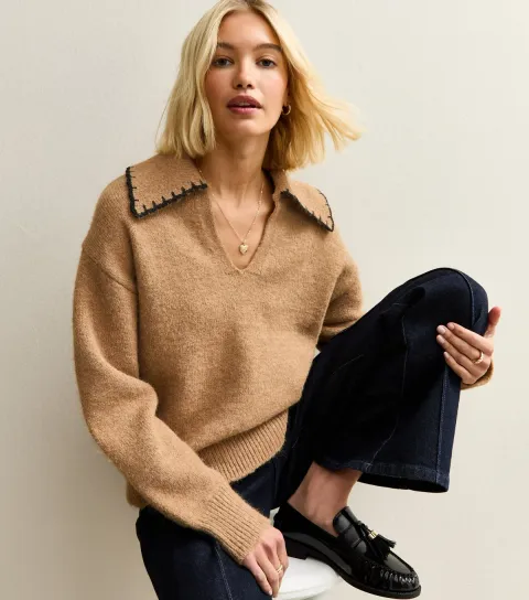 Women's Tan Blanket Stitch Collar Jumper