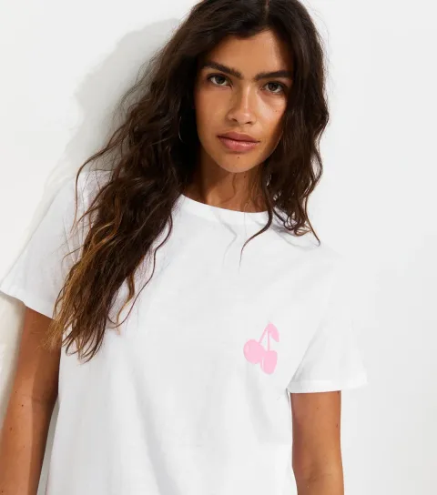 Women's White Cherry Print T-Shirt