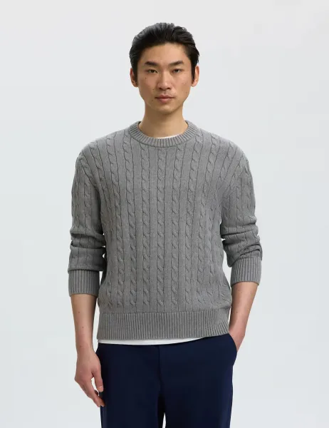 Selected Pure Cotton Cable Knit Jumper Grey
