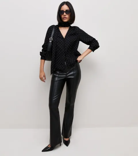Women's Black Woven Spot Print Pussybow Blouse