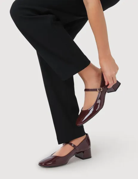 Jones Bootmaker Leather Patent Block Heel Mary Jane Shoes Burgundy