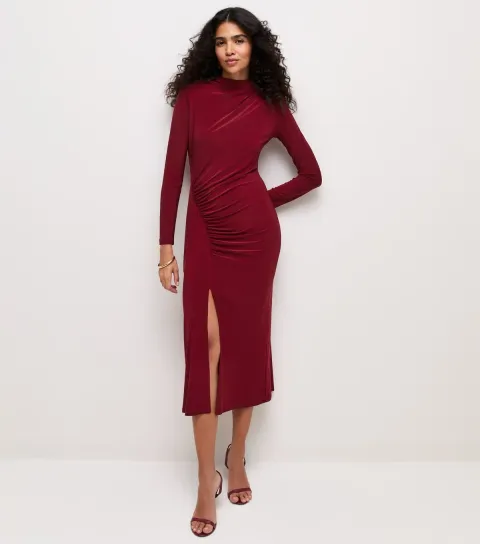 Women's Bright Red Ruched High Neck Midi Dress