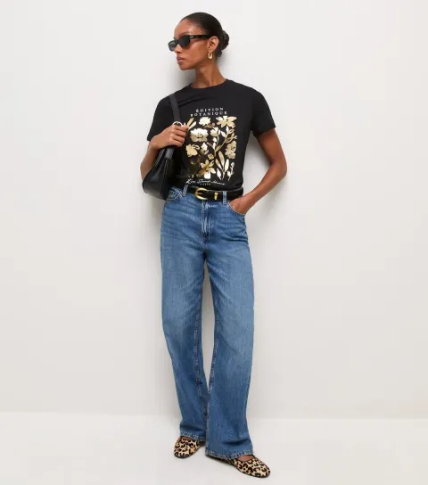 Women's Black Cotton Foil Flower Print Relaxed T-Shirt