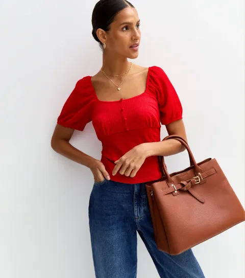 Women's Bright Red Crinkle Jersey Button Front Top