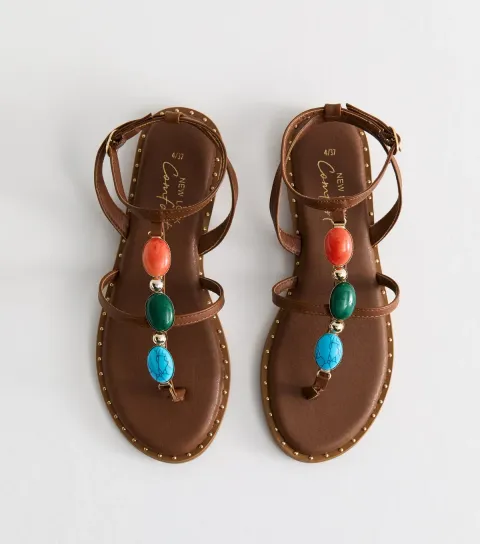 Women's Tan Faux Leather Stone Embellished Sandals Vegan