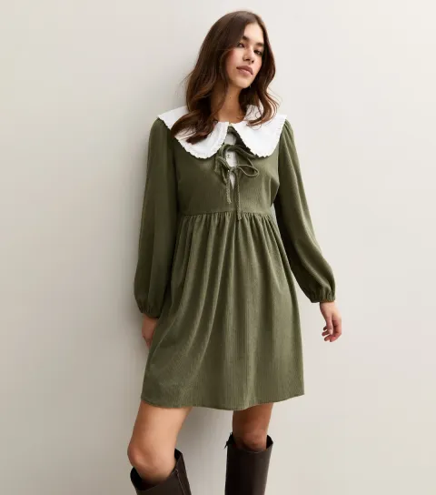 Women's Light Khaki Tie Front Corduroy Smock Mini Dress
