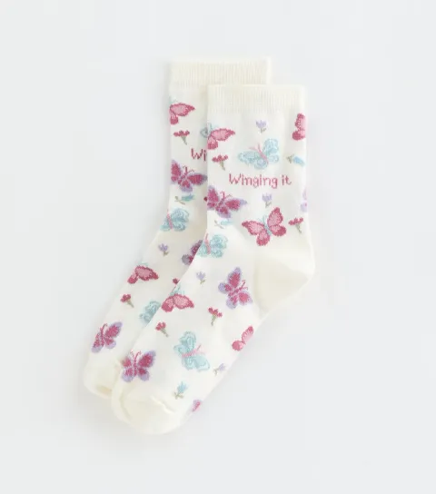 White Winging It Butterfly Pattern Socks