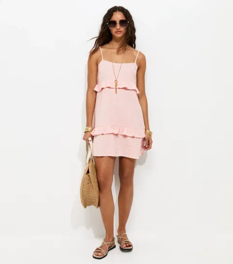 Women's Pale Pink Crinkle Texture Ruffle Trim Mini Dress