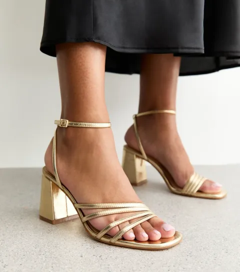 Women's Gold Asymmetric Strap Heeled Sandals