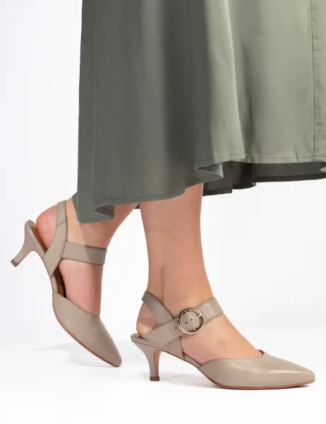 Jones Bootmaker Leather Buckle Kitten Heel Court Shoes Beige