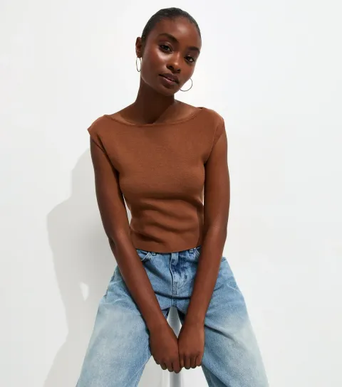 Women's Tan Slash Neck Vest Top