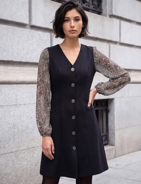 Roman Petite Button Through Knee Length Dress Black Mix