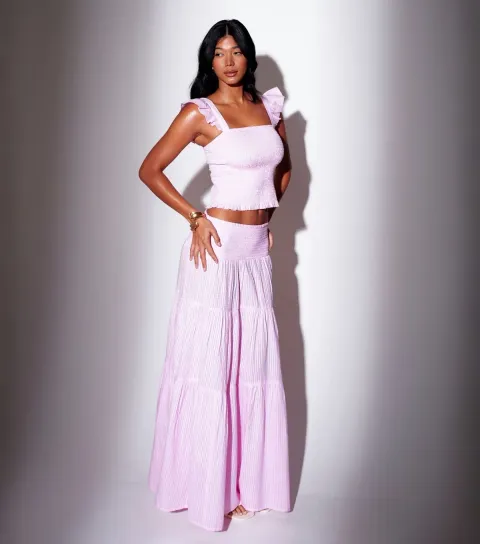 Women's Light Pink Shirred Waist Maxi Skirt