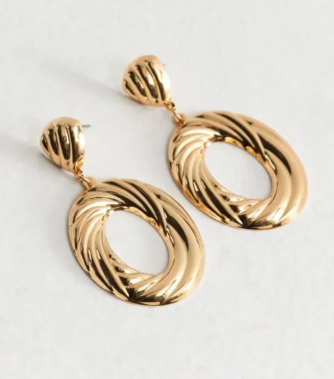 Gold Tone Large Ribbed Doorknocker Earrings