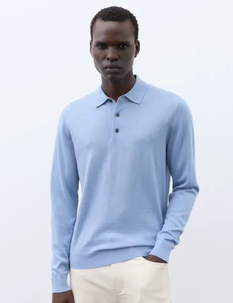 Autograph Pure Extra Fine Merino Wool Polo Shirt Dusty Blue
