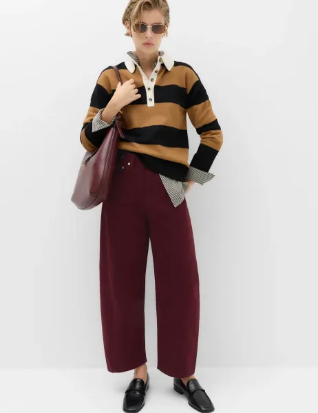 Marks & Spencer Pure Cotton High Waisted Barrel Leg Cropped Trousers Dark Claret