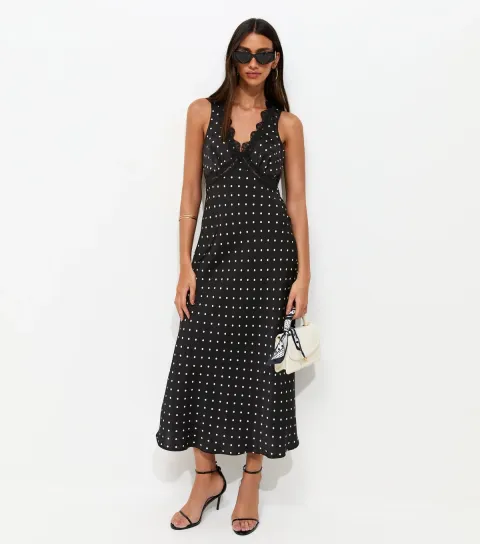 Women's Black Satin Polka Dot Sleeveless Midi Dress