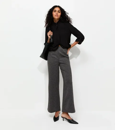 Women's Grey Check Jersey Wide Leg Trousers