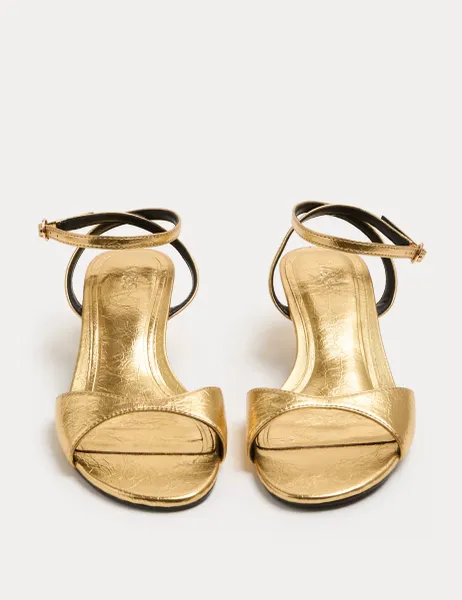 Marks & Spencer Ankle Strap Kitten Heel Peep Toe Sandals Gold