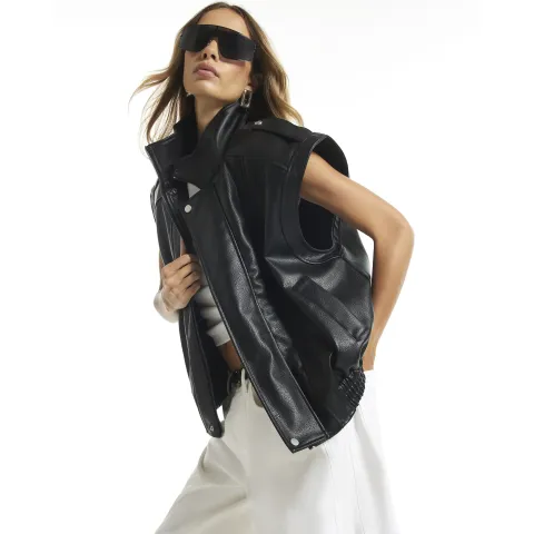 River Island Faux Leather Funnel Neck Biker Gilet