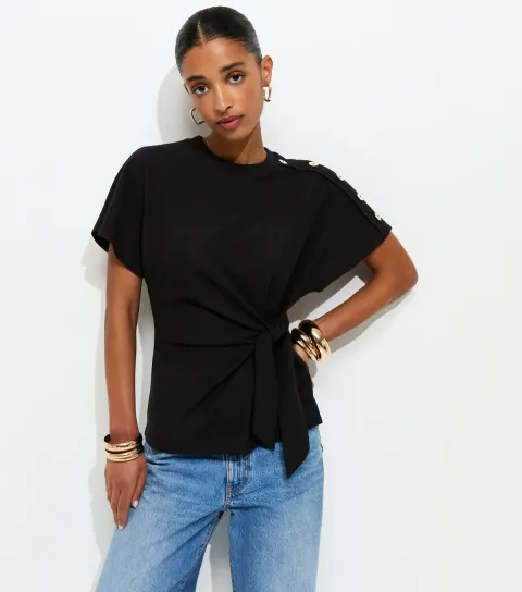 New Look Women's Black Ribbed Texture Button Detail Side Tie Top