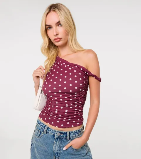 Pink Vanilla Women's Dark Burgundy Slinky Polka Dot Off Shoulder Top