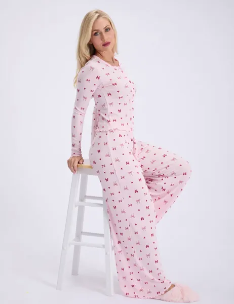 Boux Avenue Ribbed Bow Print Wide Leg Pyjama Set Pink Mix