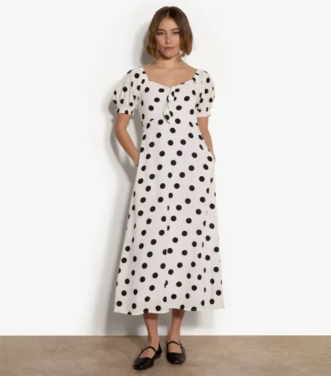 Women's White Polka Dot Bow Detail Midi Dress
