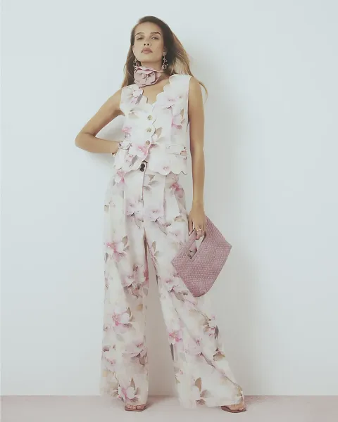 River Island Linen Blend Floral Wide Leg Trousers