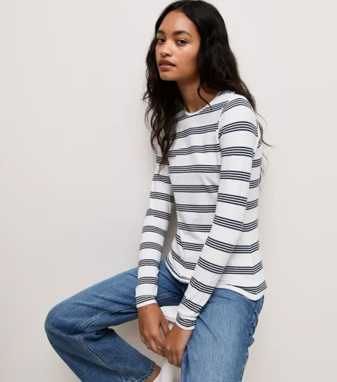 New Look Women's White Cotton Rich Striped Long Sleeve Crew Neck Top
