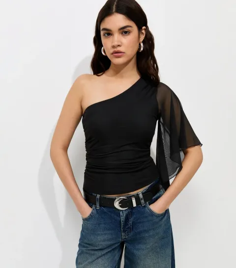 Women's Black Mesh One Shoulder Draped Sleeve Top