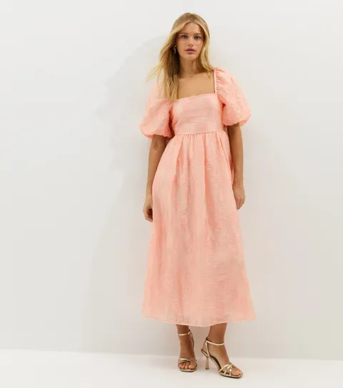 New Look Women's Light Coral Glitter Clipped Milkmaid Midi Dress