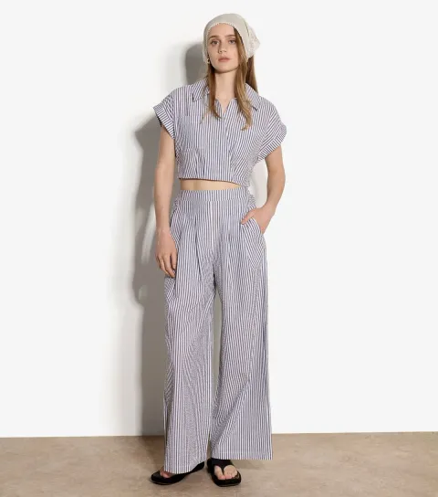 Women's Blue Seersucker Stripe Pleated Trousers