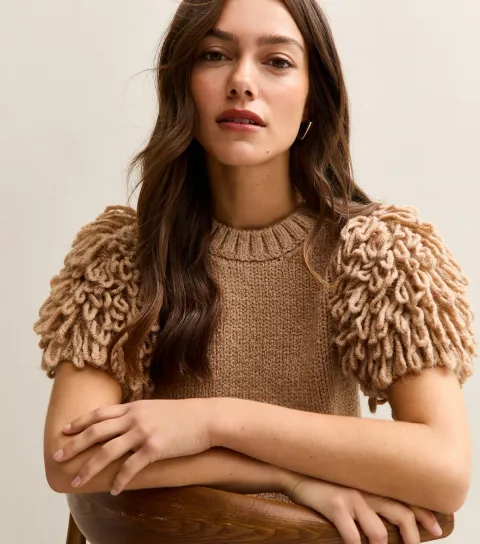 Women's Petite Camel Loopy Sleeve Knitted T-Shirt