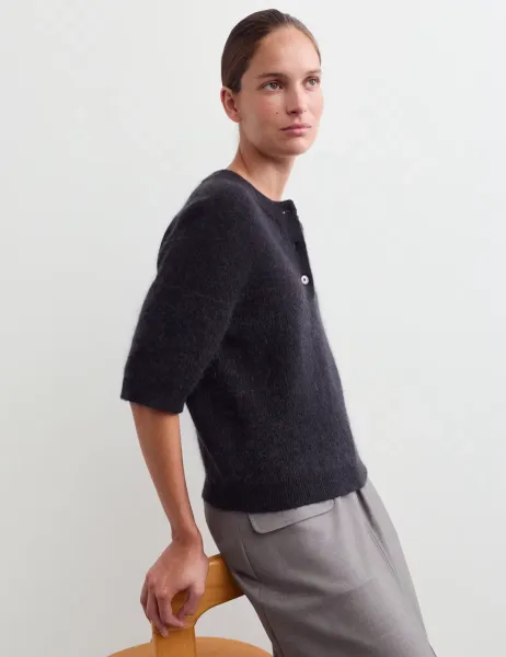Jaeger Wool Blend Ribbed Button Detail Jumper Charcoal
