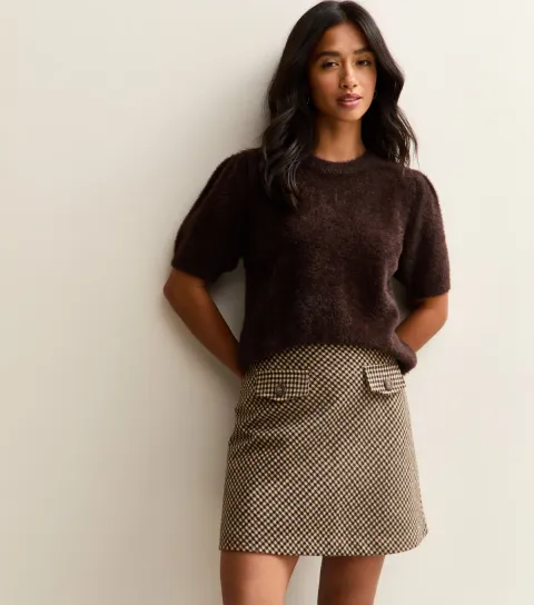 Women's Petite Brown Brushed Checked Mini Skirt