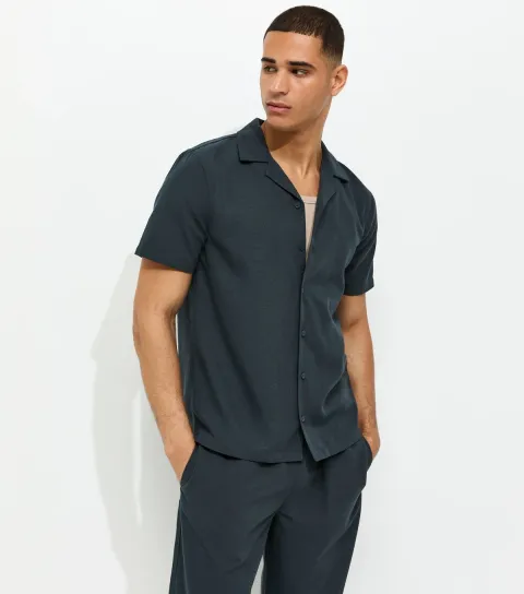New Look Men's Navy Short Sleeve Regular Linen Look Shirt