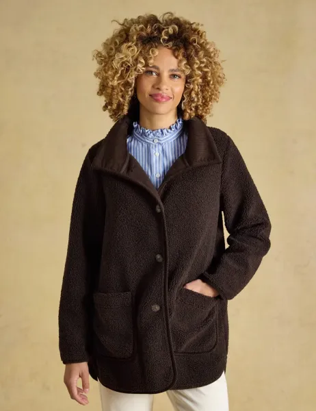 Joules Longline Button Through Fleece Jacket Brown