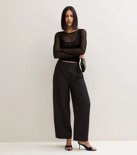 New Look Women's Black Pleated Wide Leg Barrel Trousers