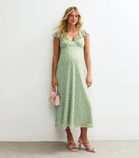 Women's Maternity Green Ditsy Print Frill Sleeve V-Neck Midi Dress