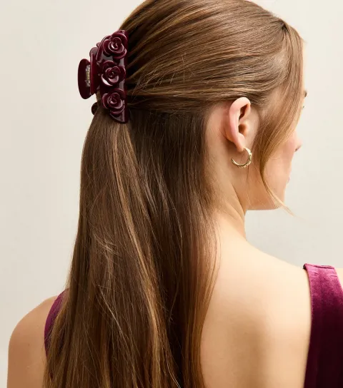 Dark Burgundy Rose Detail Hair Claw Clip